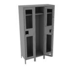 A grey metal locker with three vertical compartments, each with a transparent window. The middle compartment door is open, showing internal shelves and hooks. The locker has a simple, industrial design and stands on sturdy legs.