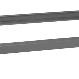 A gray, rectangular steel dolly with four black swivel caster wheels. The structure is simple and flat, suitable for transporting heavy items.