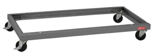 fdastiedbeucruxuj7xj.jpg A gray, rectangular steel dolly with four black swivel caster wheels. The structure is simple and flat, suitable for transporting heavy items.