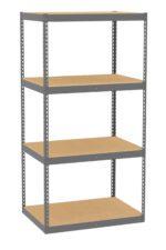 A metal shelving unit with four wooden shelves. The frame is made of grey metal, and the shelves are evenly spaced. The unit is empty and stands against a white background.