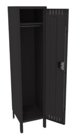A black metal locker with an open door, revealing an empty interior. The locker has a single horizontal rod inside, suitable for hanging items. The door has a small lock mechanism and vent holes at the top and bottom.