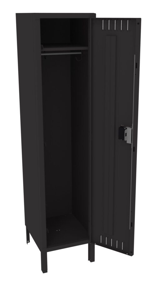 A black metal locker with an open door, revealing an empty interior. The locker has a single horizontal rod inside, suitable for hanging items. The door has a small lock mechanism and vent holes at the top and bottom.