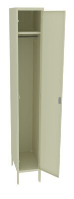 A beige metal locker with a single door open, revealing an empty interior. The locker has a top shelf, a hanging rod, and a hook inside. It stands on four legs.