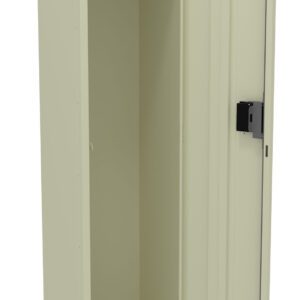 An open beige metal locker with a single door on the right, showing an empty interior. It features a small shelf and a rod for hanging items. The locker has a black lock mechanism on the door.