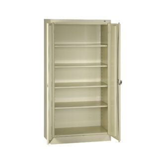 A tall, beige metal storage cabinet with both doors open, revealing empty shelves. The cabinet has five adjustable shelves and a simple, functional design.