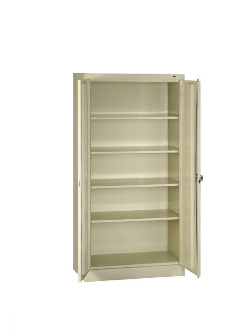 feqsurjlsatk2eqecabb.jpg A tall, beige metal storage cabinet with both doors open, revealing empty shelves. The cabinet has five adjustable shelves and a simple, functional design.