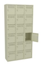 A beige, metal locker with three columns and six rows of small compartments. One compartment on the bottom right is open, revealing its empty interior.