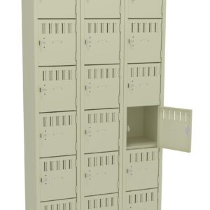 A beige, metal locker with three columns and six rows of small compartments. One compartment on the bottom right is open, revealing its empty interior.