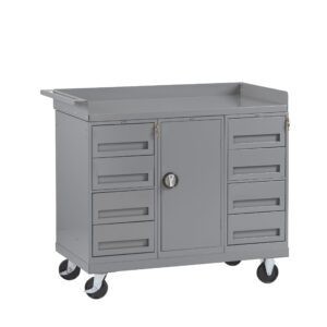 A gray, metal rolling tool cart with multiple drawers and a central cabinet. The cart has four caster wheels for mobility, a flat top with raised edges, and drawer handles. A lock is visible on the cabinet door.