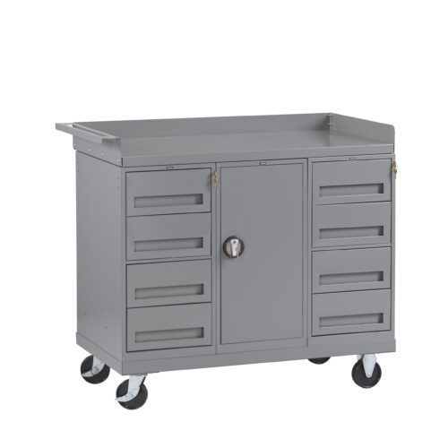 feu4yuv8ispvtueeoije.jpg A gray, metal rolling tool cart with multiple drawers and a central cabinet. The cart has four caster wheels for mobility, a flat top with raised edges, and drawer handles. A lock is visible on the cabinet door.