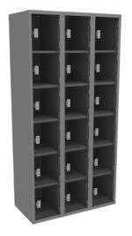 A gray metal locker with three columns and six rows of compartments, each with a latch. The design features open sections with visible shelves, suitable for storage or organization.