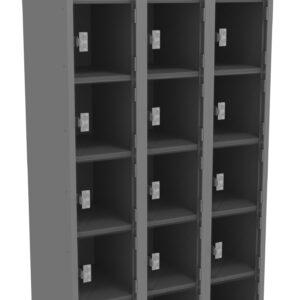 A gray metal locker with three columns and six rows of compartments, each with a latch. The design features open sections with visible shelves, suitable for storage or organization.