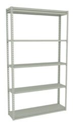 A gray metal shelving unit with five evenly spaced shelves. The frame has a simple design with perforated holes, suitable for storage or organization in various settings. The background is plain white.