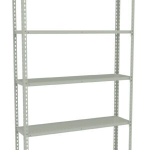 A gray metal shelving unit with five evenly spaced shelves. The frame has a simple design with perforated holes, suitable for storage or organization in various settings. The background is plain white.