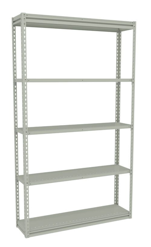ffpm9lrzofjkzs5zo3sm.jpg A gray metal shelving unit with five evenly spaced shelves. The frame has a simple design with perforated holes, suitable for storage or organization in various settings. The background is plain white.
