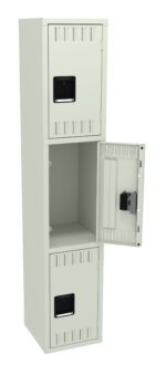 A tall, light gray metal locker with three compartments. The middle door is open, revealing an empty interior. Each compartment has a black rectangular handle and ventilation slits near the top and bottom of the doors.