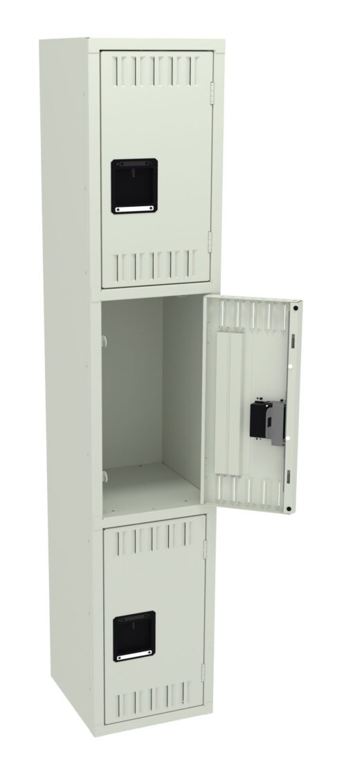 A tall, light gray metal locker with three compartments. The middle door is open, revealing an empty interior. Each compartment has a black rectangular handle and ventilation slits near the top and bottom of the doors.