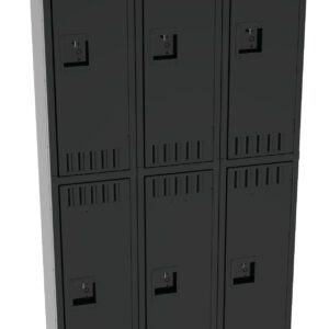 A set of six black metal lockers is arranged in two columns and three rows. The lockers have vents and recessed handles on each door, and they are elevated on legs.