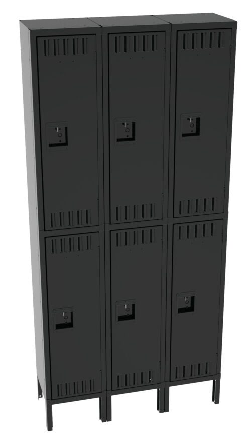fg7uubgsaq3cbdfaf1rw.jpg A set of six black metal lockers is arranged in two columns and three rows. The lockers have vents and recessed handles on each door, and they are elevated on legs.