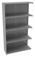 A gray metal shelving unit with five adjustable shelves, each separated by perforated vertical side panels for height customization. The unit is empty and has a simple, industrial design.