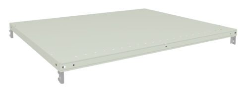 A light-colored, rectangular metal shelf with small perforations lining the edges. It has mounting brackets on each corner for support and attachment. The shelf is shown against a plain white background.