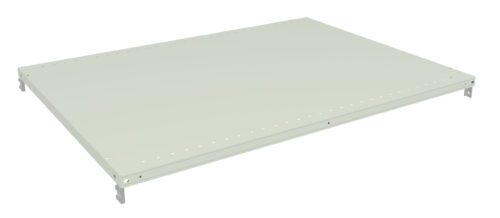 A light green, rectangular metal shelf with perforated edges and mounting brackets at each corner, designed for assembly in a shelving unit.