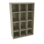 A beige, metal storage shelf with nine equally sized compartments. The shelving unit is tall and rectangular, with three vertical and three horizontal sections, arranged in a grid pattern.