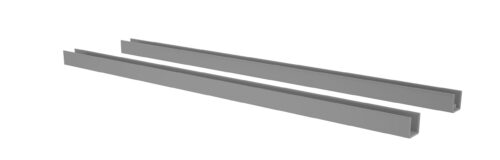 Two long, gray metal channels are placed parallel to each other on a white background. Each channel features a U-shaped cross-section, indicating they might be parts for structural or construction purposes.