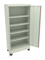 A tall, light-colored metal storage cabinet with caster wheels is shown. It has two open doors and five empty shelves inside.