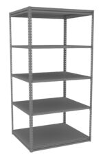 A tall, empty metal shelving unit with five adjustable shelves, designed for storage. The shelves are evenly spaced, and the unit has a gray finish. It stands against a plain white background.
