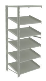 A gray, five-tier metal shelving unit with adjustable shelves. The structure is made of metal beams and appears sturdy, designed for storage or organizing purposes. The shelves are evenly spaced and the unit is set against a plain white background.