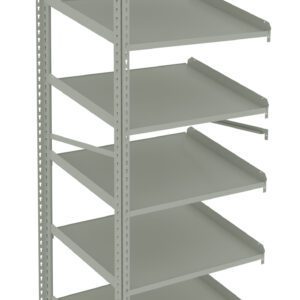 A gray, five-tier metal shelving unit with adjustable shelves. The structure is made of metal beams and appears sturdy, designed for storage or organizing purposes. The shelves are evenly spaced and the unit is set against a plain white background.