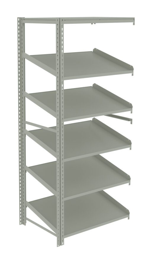 fhho4thzjfgqkem1skld.jpg A gray, five-tier metal shelving unit with adjustable shelves. The structure is made of metal beams and appears sturdy, designed for storage or organizing purposes. The shelves are evenly spaced and the unit is set against a plain white background.