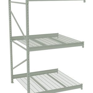 Industrial metal storage rack with three grated shelves, supported by vertical beams on each side. The design features a gray finish and open grid shelving, suitable for warehouse or garage organization.