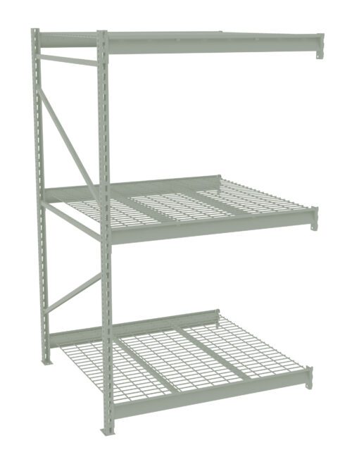 fhlwqzr16whfgavrgp3r.jpg Industrial metal storage rack with three grated shelves, supported by vertical beams on each side. The design features a gray finish and open grid shelving, suitable for warehouse or garage organization.