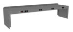 A long, gray metal power strip with multiple black outlets and a visible red power switch. The strip has mounting brackets at each end for attachment to a surface.