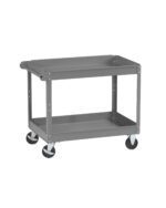 A gray, two-tier utility cart with four black wheels. The cart has a handle on one side for easy maneuvering and is constructed from metal. Both upper and lower shelves have raised edges. The wheels include locking mechanisms.
