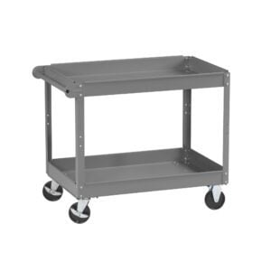 A gray, two-tier utility cart with four black wheels. The cart has a handle on one side for easy maneuvering and is constructed from metal. Both upper and lower shelves have raised edges. The wheels include locking mechanisms.