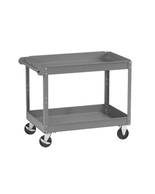 fhxwez627cbyhrnmgkel.jpg A gray, two-tier utility cart with four black wheels. The cart has a handle on one side for easy maneuvering and is constructed from metal. Both upper and lower shelves have raised edges. The wheels include locking mechanisms.
