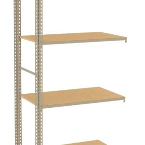 A metal shelving unit with four rectangular wooden shelves, positioned upright. The frame has perforations along the sides for adjustable shelf placement. The design is simple and utilitarian.