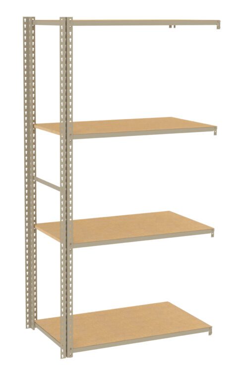 A metal shelving unit with four rectangular wooden shelves, positioned upright. The frame has perforations along the sides for adjustable shelf placement. The design is simple and utilitarian.