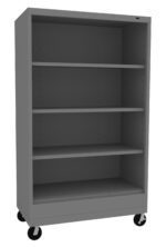 A gray metal shelving unit with four adjustable shelves is shown. It has a sturdy base and four wheels for easy mobility. The shelves are spacious, suitable for storage, and the overall design is simple and functional.