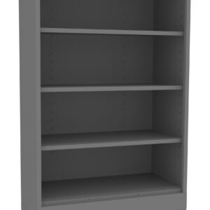 A gray metal shelving unit with four adjustable shelves is shown. It has a sturdy base and four wheels for easy mobility. The shelves are spacious, suitable for storage, and the overall design is simple and functional.