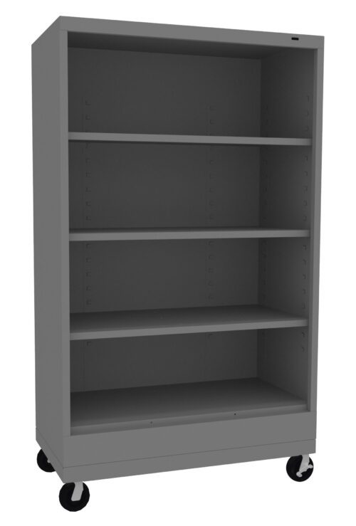 A gray metal shelving unit with four adjustable shelves is shown. It has a sturdy base and four wheels for easy mobility. The shelves are spacious, suitable for storage, and the overall design is simple and functional.