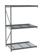 A metal shelving unit with three levels. The bottom and middle shelves have grated surfaces, while the top appears solid. The frame includes vertical support beams and cross-bracing for stability. The color is a dark gray.