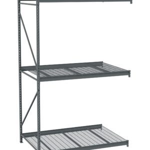 A metal shelving unit with three levels. The bottom and middle shelves have grated surfaces, while the top appears solid. The frame includes vertical support beams and cross-bracing for stability. The color is a dark gray.