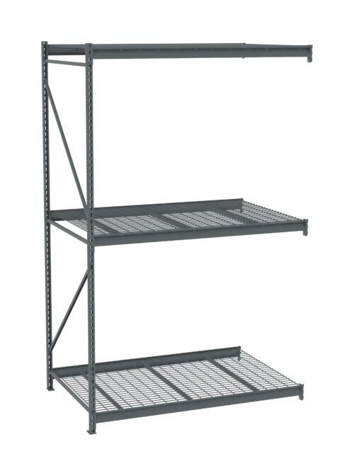 A metal shelving unit with three levels. The bottom and middle shelves have grated surfaces, while the top appears solid. The frame includes vertical support beams and cross-bracing for stability. The color is a dark gray.