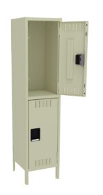 A beige metal locker with two compartments, the top door open, revealing an empty space inside. The bottom door is closed. Both doors have ventilation slits, and the locker stands on four legs.