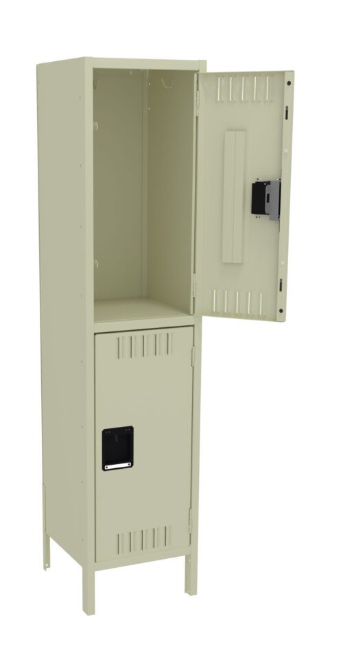 filyny0ii0drsh51ya0a.jpg A beige metal locker with two compartments, the top door open, revealing an empty space inside. The bottom door is closed. Both doors have ventilation slits, and the locker stands on four legs.