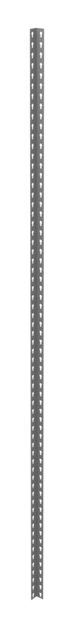 A tall, gray, metal T-post with perforated holes evenly spaced along its length, set against a white background.